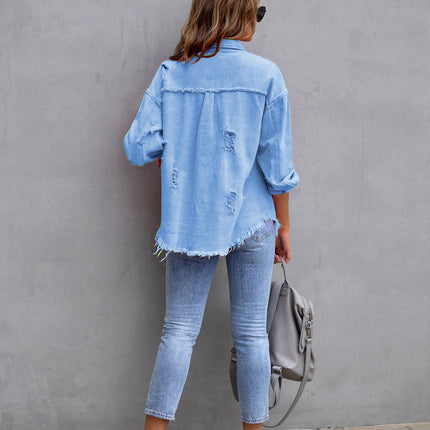 Women's Ripped Distressed Denim Jacket Casual Long Sleeve Jean Coat