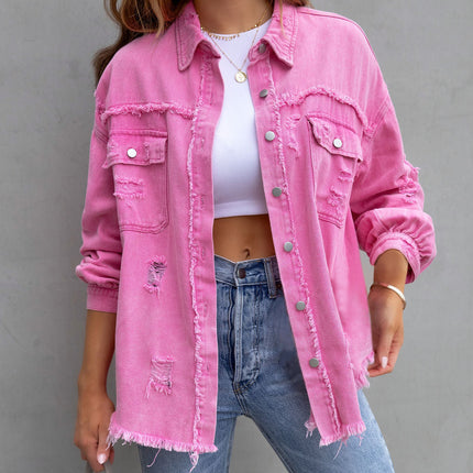 Women's Ripped Distressed Denim Jacket Casual Long Sleeve Jean Coat