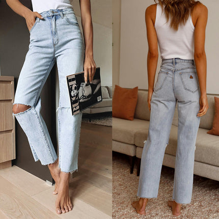 Women's Ripped Straight Leg Jeans High Waist Distressed Cutout Denim Pants-A1