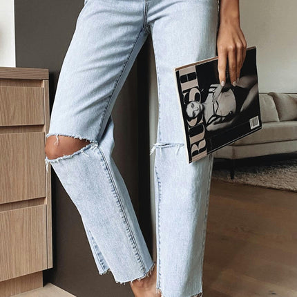 Women's Ripped Straight Leg Jeans High Waist Distressed Cutout Denim Pants-A1