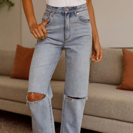 Women's Ripped Straight Leg Jeans High Waist Distressed Cutout Denim Pants-A1