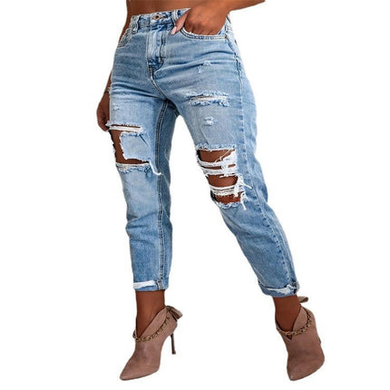 Women's Ripped Pencil Jeans High Waisted Distressed Denim Pants