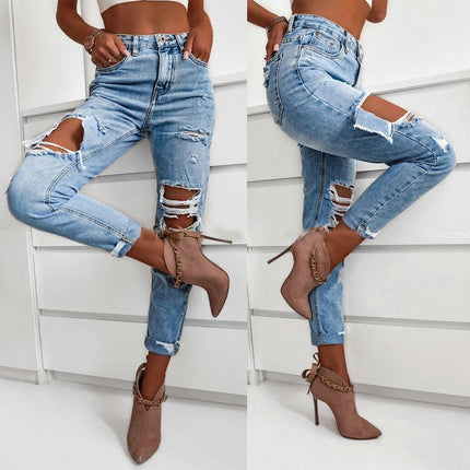 Women's Ripped Pencil Jeans High Waisted Distressed Denim Pants