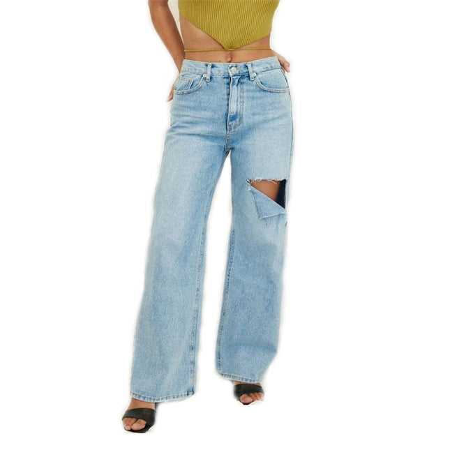 Ripped Wide Leg Jeans for Women Baggy Straight Boyfriend Trendy Denim Pants-A1