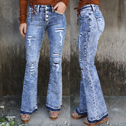 Women's Bell Bottom Jeans Mid-Rise Ripped Flare Denim Pants