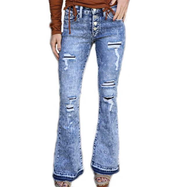 Women's Bell Bottom Jeans Mid-Rise Ripped Flare Denim Pants