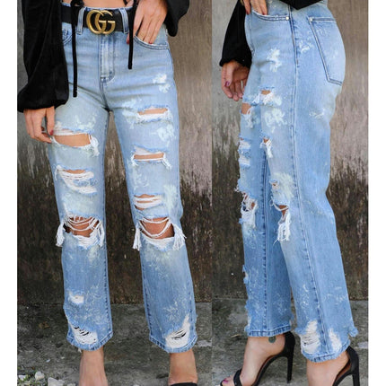 Women's High Waisted Ripped Jeans Cut Out Straight Leg Distressed Denim Pants