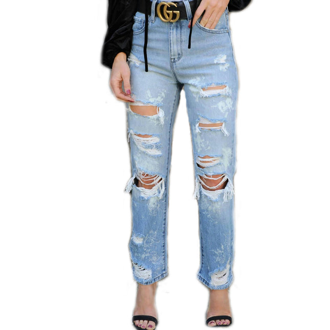 Women's High Waisted Ripped Jeans Cut Out Straight Leg Distressed Denim Pants