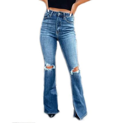 Women Ripped Mid Rise Flared Jeans Distressed Bell Bottom Denim Pants