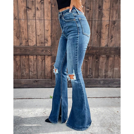 Women Ripped Mid Rise Flared Jeans Distressed Bell Bottom Denim Pants