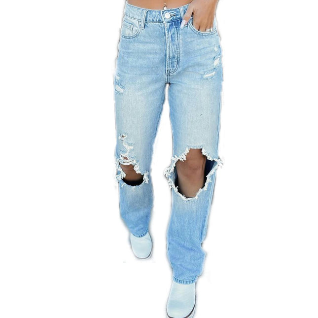 Women's Cut Out Ripped Mid Waist Jeans Distressed Straight Leg Denim Pants