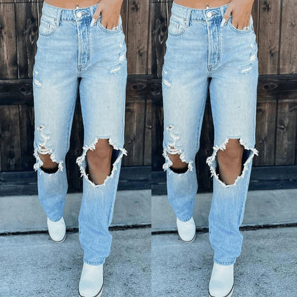 Women's Cut Out Ripped Mid Waist Jeans Distressed Straight Leg Denim Pants