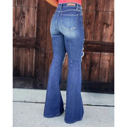 Womens Mid Rise Flare Jeans Distressed Denim Bell Bottom Pants