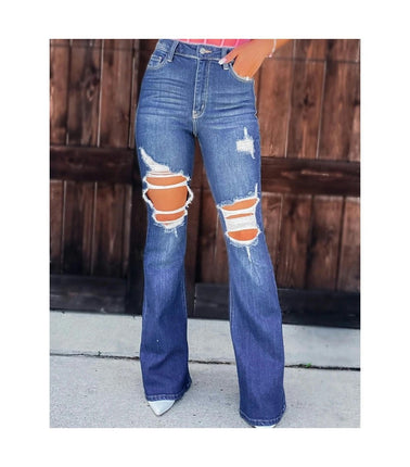 Womens Mid Rise Flare Jeans Distressed Denim Bell Bottom Pants