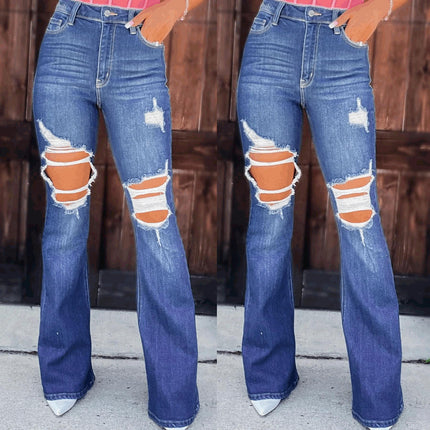 Womens Mid Rise Flare Jeans Distressed Denim Bell Bottom Pants