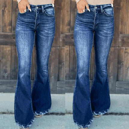 Womens Flare Jeans High Waist Raw Hem Bell Bottom Denim Pants