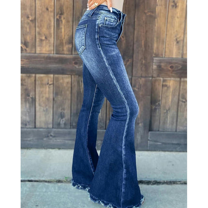 Womens Flare Jeans High Waist Raw Hem Bell Bottom Denim Pants