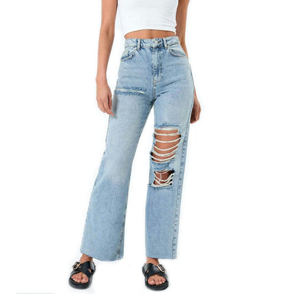 Women's High Waisted Ripped Jeans Wide Leg Cut Out Distressed Denim Pants