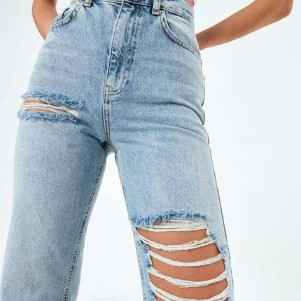 Women's High Waisted Ripped Jeans Wide Leg Cut Out Distressed Denim Pants