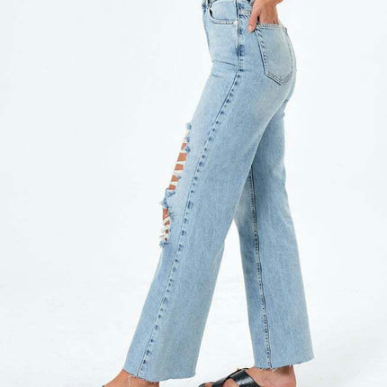 Women's High Waisted Ripped Jeans Wide Leg Cut Out Distressed Denim Pants