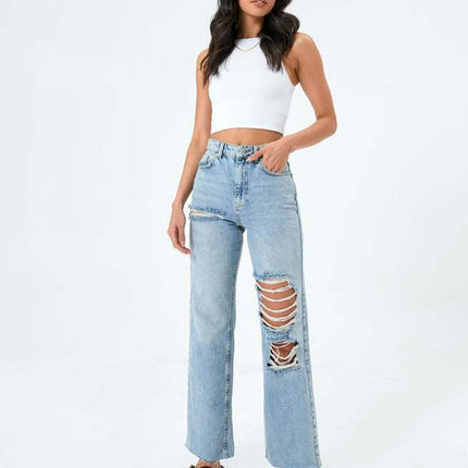 Women's High Waisted Ripped Jeans Wide Leg Cut Out Distressed Denim Pants