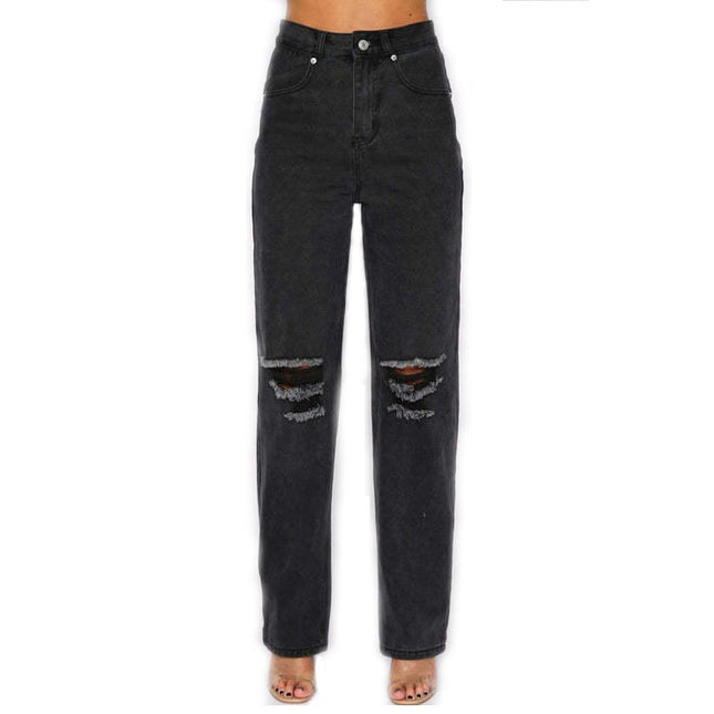 Women's High Waisted Straight Leg Ripped Jeans Cut Out Distressed Denim Pants