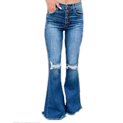 Women's Mid Rise Bell Bottom Jeans Ripped Raw Hem Flare Denim Pants