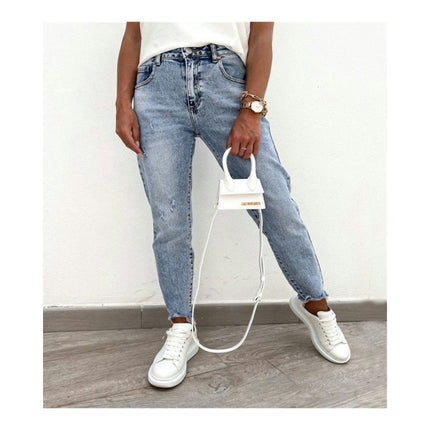 Women's Distressed Washed Jeans Mid Rise Boyfriend Denim Pants