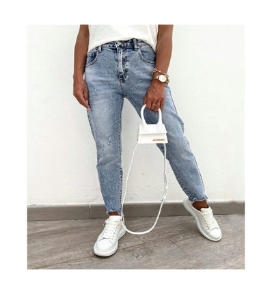 Women's Distressed Washed Jeans Mid Rise Boyfriend Denim Pants