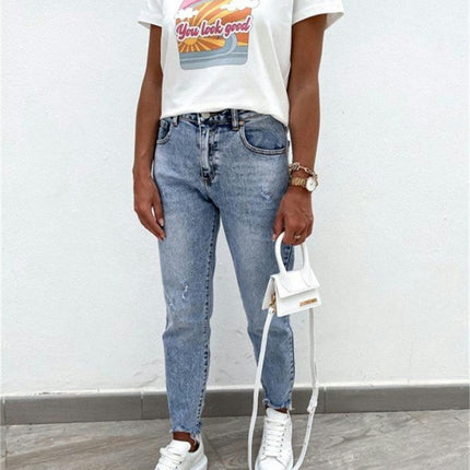 Women's Distressed Washed Jeans Mid Rise Boyfriend Denim Pants