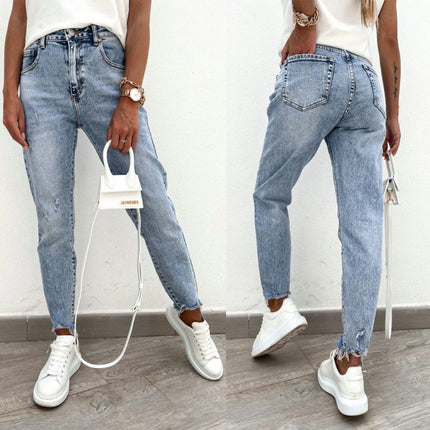 Women's Distressed Washed Jeans Mid Rise Boyfriend Denim Pants