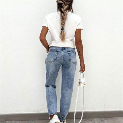 Women's Distressed Washed Jeans Mid Rise Boyfriend Denim Pants