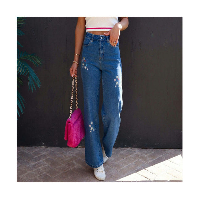 Women High Waist Floral Embroidered Jeans Wide Leg Denim Pants