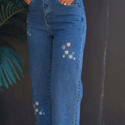 Women High Waist Floral Embroidered Jeans Wide Leg Denim Pants