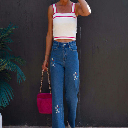 Women High Waist Floral Embroidered Jeans Wide Leg Denim Pants