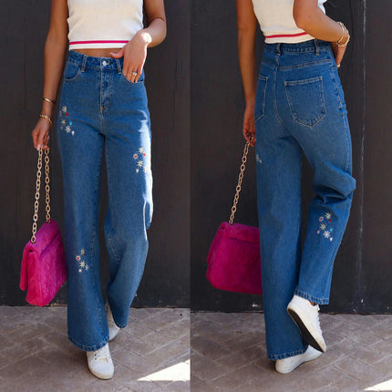 Women High Waist Floral Embroidered Jeans Wide Leg Denim Pants