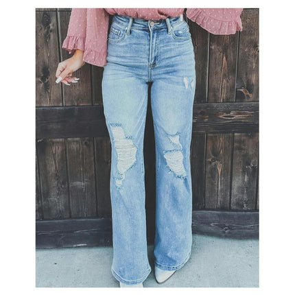 Women's Mid Rise Straight Leg Ripped Jeans Baggy Distressed Denim Pants