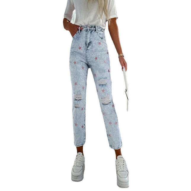 Womens Mid Rise Ripped Jeans Baggy Distressed Denim Pants