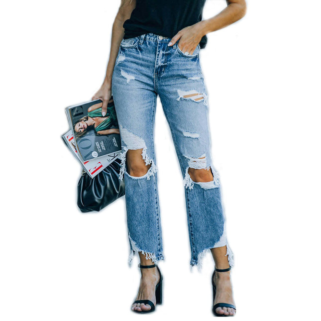 Women's High Waist Ripped Jeans Raw Hem Distressed Denim Pants