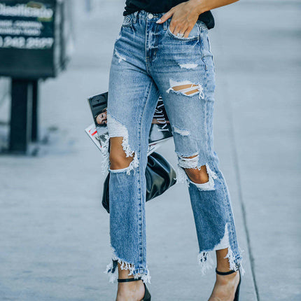 Women's High Waist Ripped Jeans Raw Hem Distressed Denim Pants