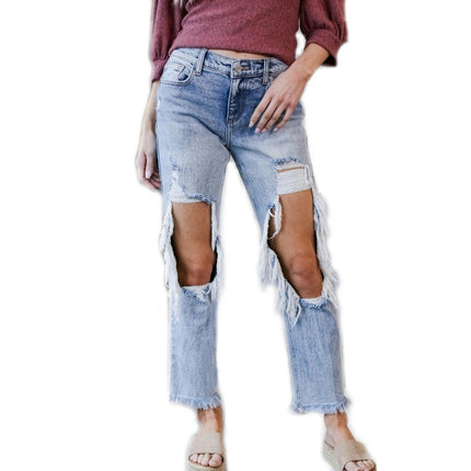 Women's Mid Rise Ripped Jeans Cutout Distressed Denim Pants