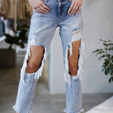 Women's Mid Rise Ripped Jeans Cutout Distressed Denim Pants