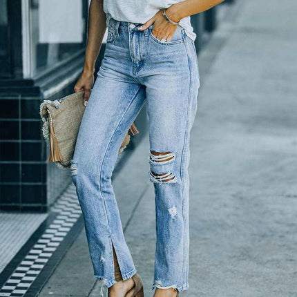 Women's High Waisted Ripped Straight Leg Jeans Slit Distressed Denim Pants