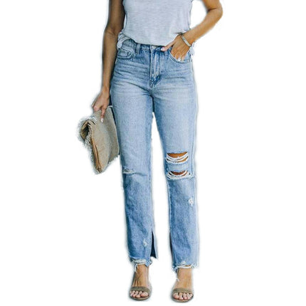 Women's High Waisted Ripped Straight Leg Jeans Slit Distressed Denim Pants