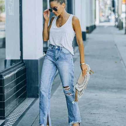 Women's High Waisted Ripped Straight Leg Jeans Slit Distressed Denim Pants