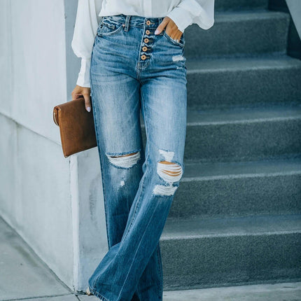 Women's Ripped Wide Leg Jeans High Waist Distressed Baggy Denim Pants