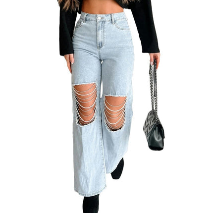 Women's Casual Loose Ripped Denim Pants Distressed Wide Leg Jeans-A1