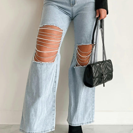 Women's Casual Loose Ripped Denim Pants Distressed Wide Leg Jeans-A1