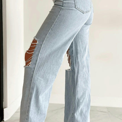 Women's Casual Loose Ripped Denim Pants Distressed Wide Leg Jeans-A1