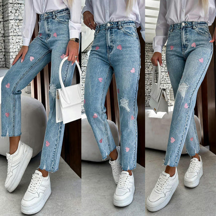 Women's Distressed Jeans Mid Rise Ripped Denim Pants